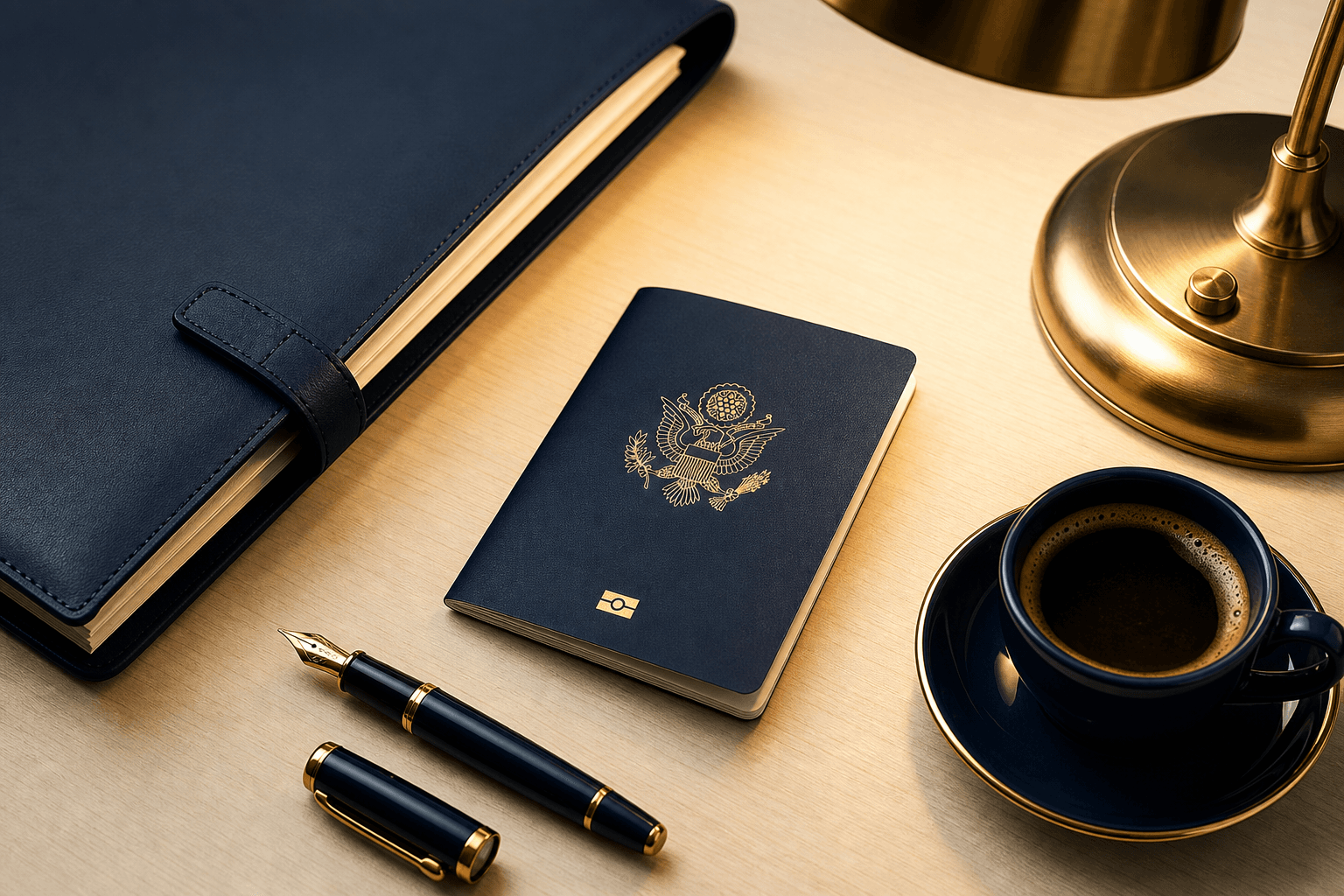 A consulting firm's desk in navy and gold: navy passport, leather document folder, fountain pen, brass lamp and espresso cup
