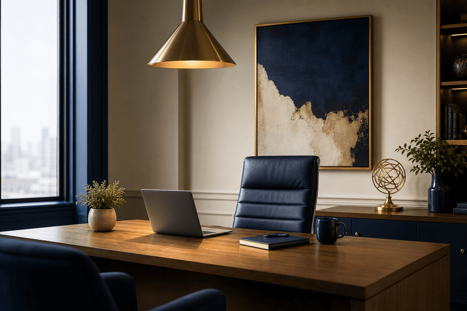 Globaris Consulting office: navy and gold workspace, brass lighting, modern desk