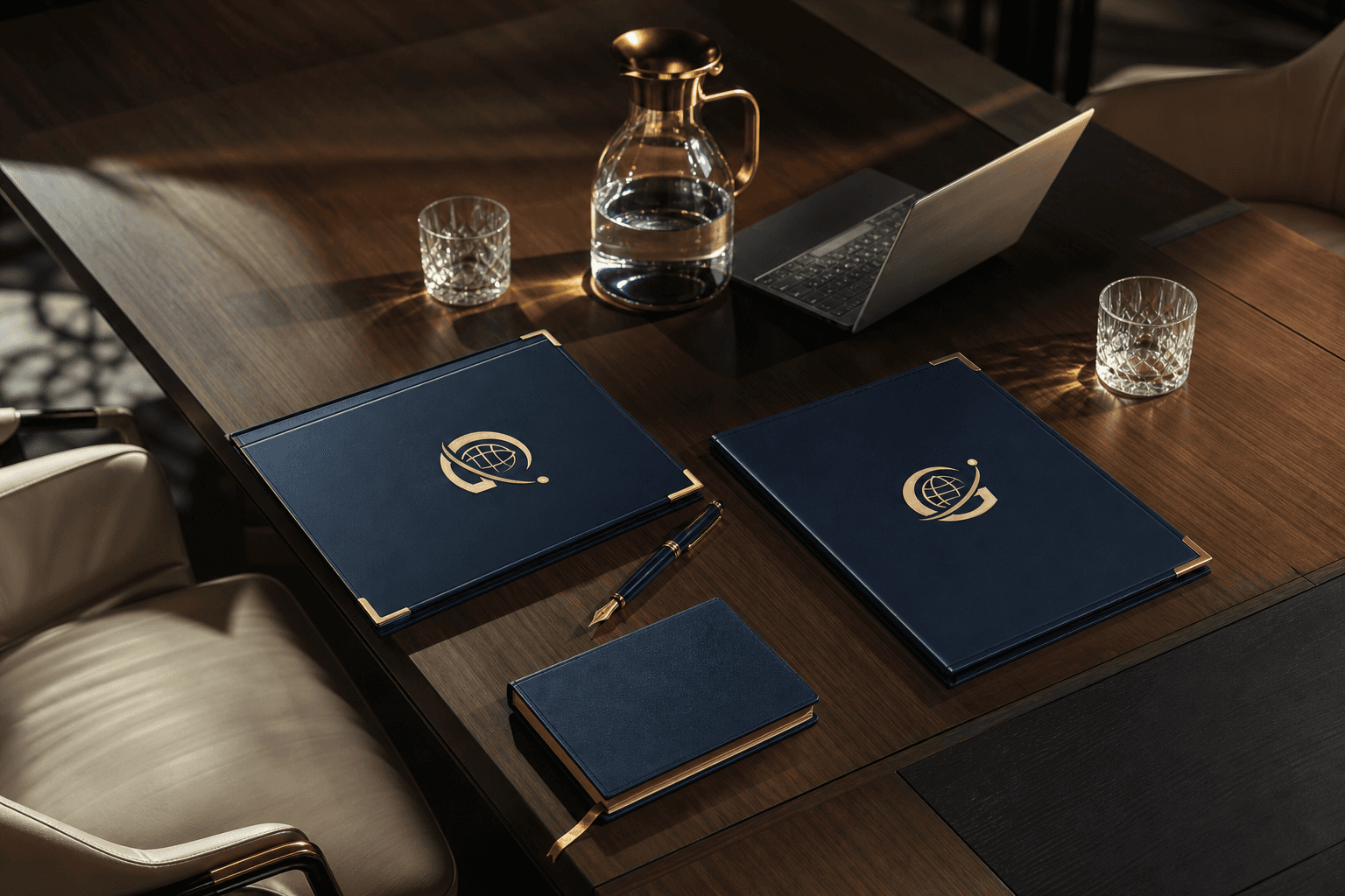 Two navy partnership folders with gold trim laid on a dark wooden conference table — Globaris meeting with an employer