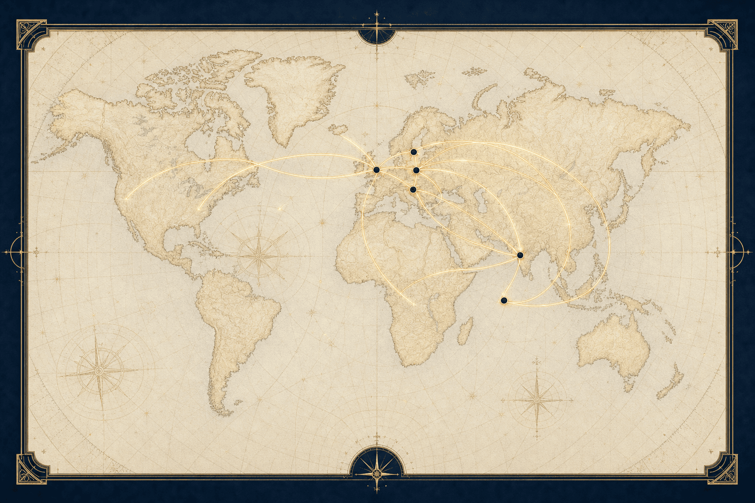A vintage cream and gold strategy map showing flight paths from India to Europe and the Maldives