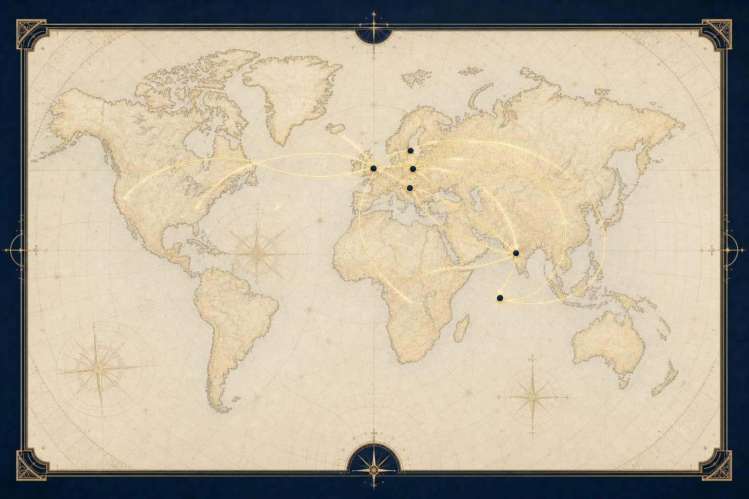 A vintage cream and gold strategy map showing flight paths from India to Europe and the Maldives