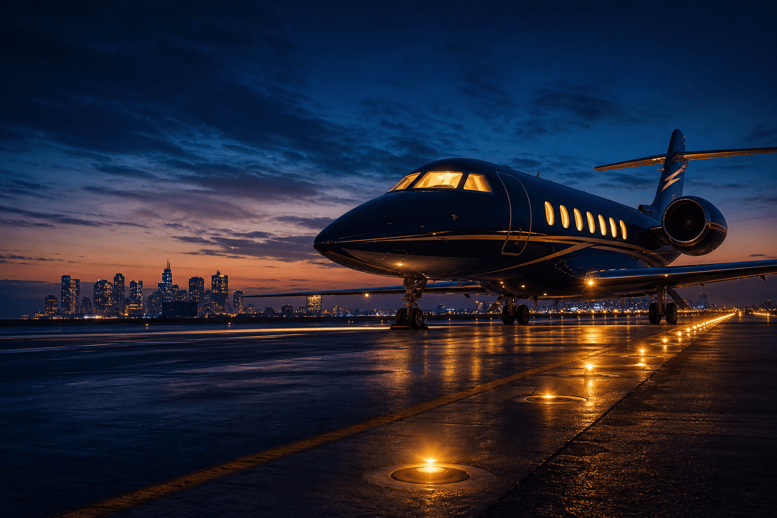 A pre-dawn runway: a navy private jet with warm cabin lights, golden runway markers leading toward a city skyline
