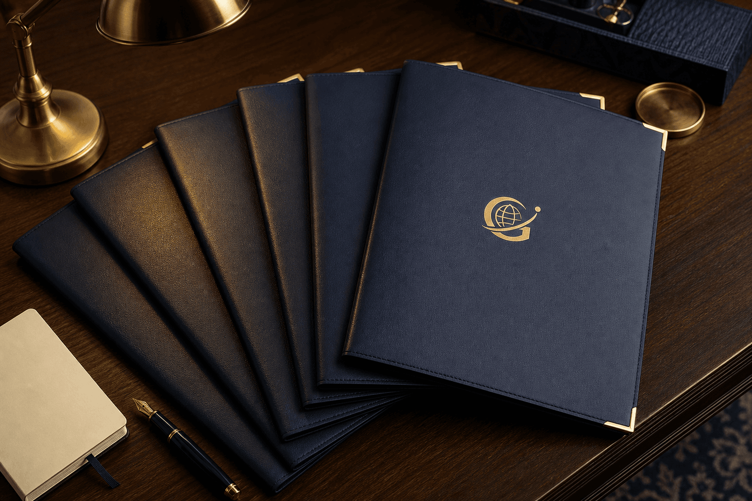 Globaris client dossier: five navy leather portfolios with gold trim, a fountain pen and a brass lamp on a dark wooden desk
