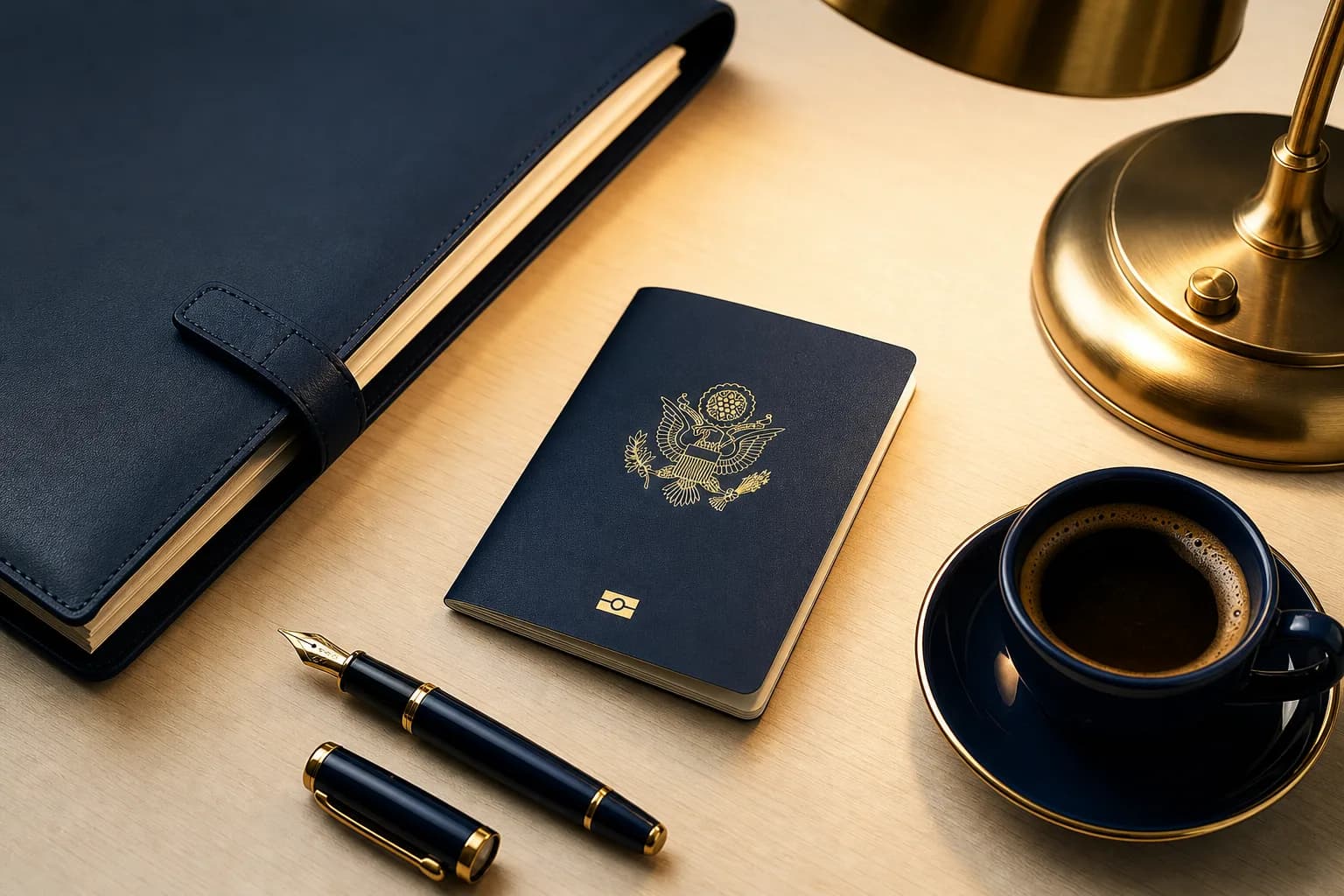 A consulting firm's desk in navy and gold: navy passport, leather document folder, fountain pen, brass lamp and espresso cup