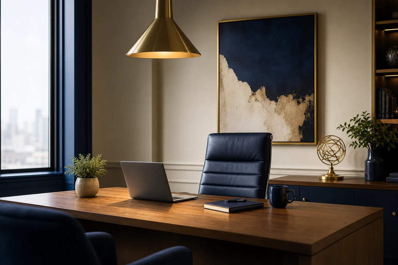Globaris Consulting office: navy and gold workspace, brass lighting, modern desk